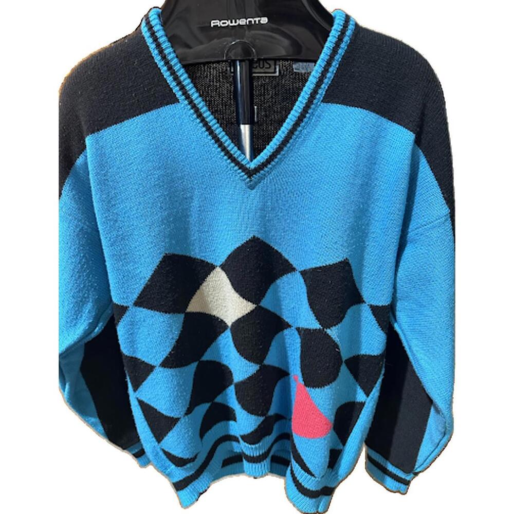 Vintage Aureus Argyle V Neck Sweater Blue Black